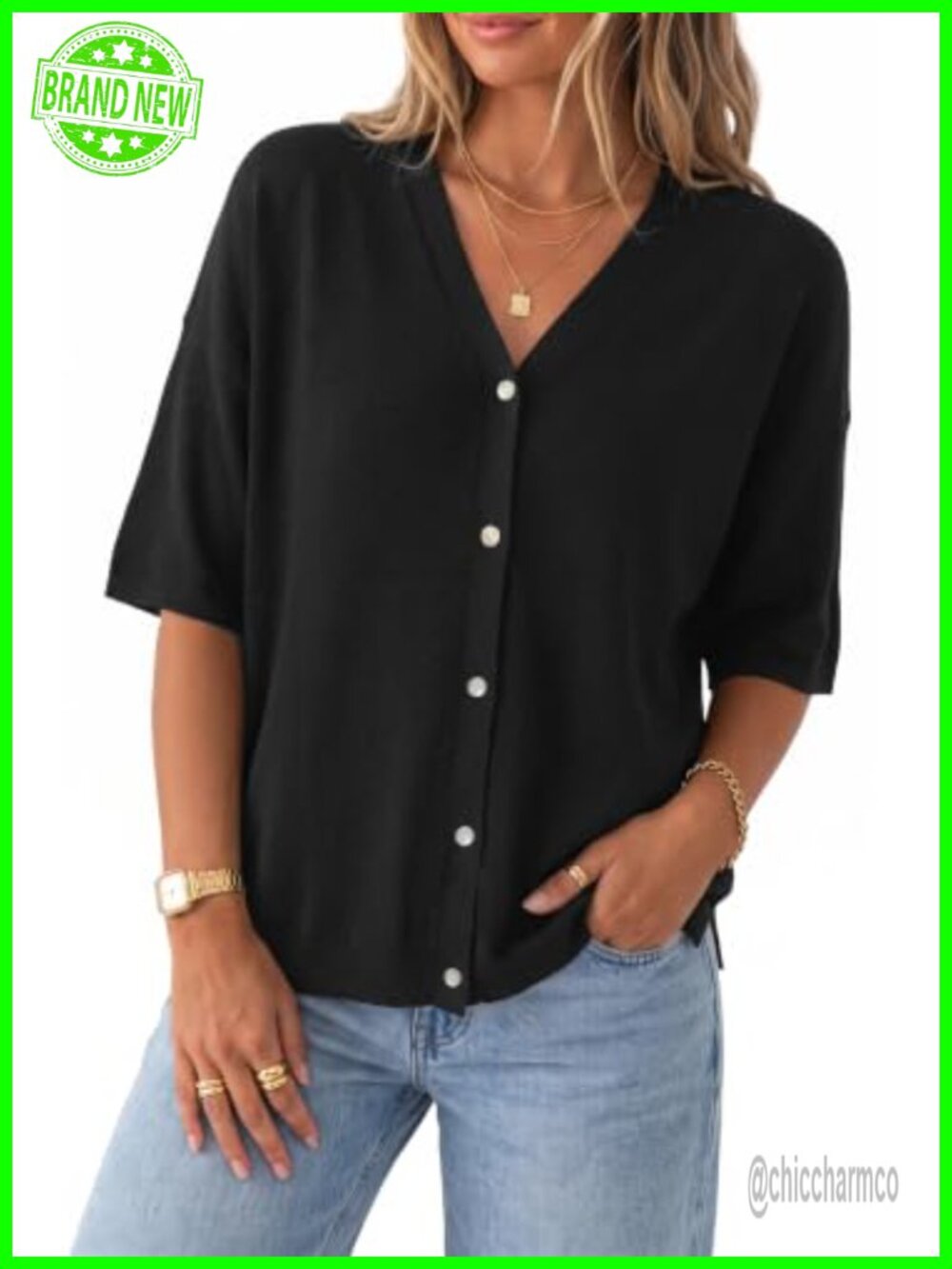 Wool Blend Oversized Elbow Sleeve V-Neck Cardigan Casual Summer Sweater